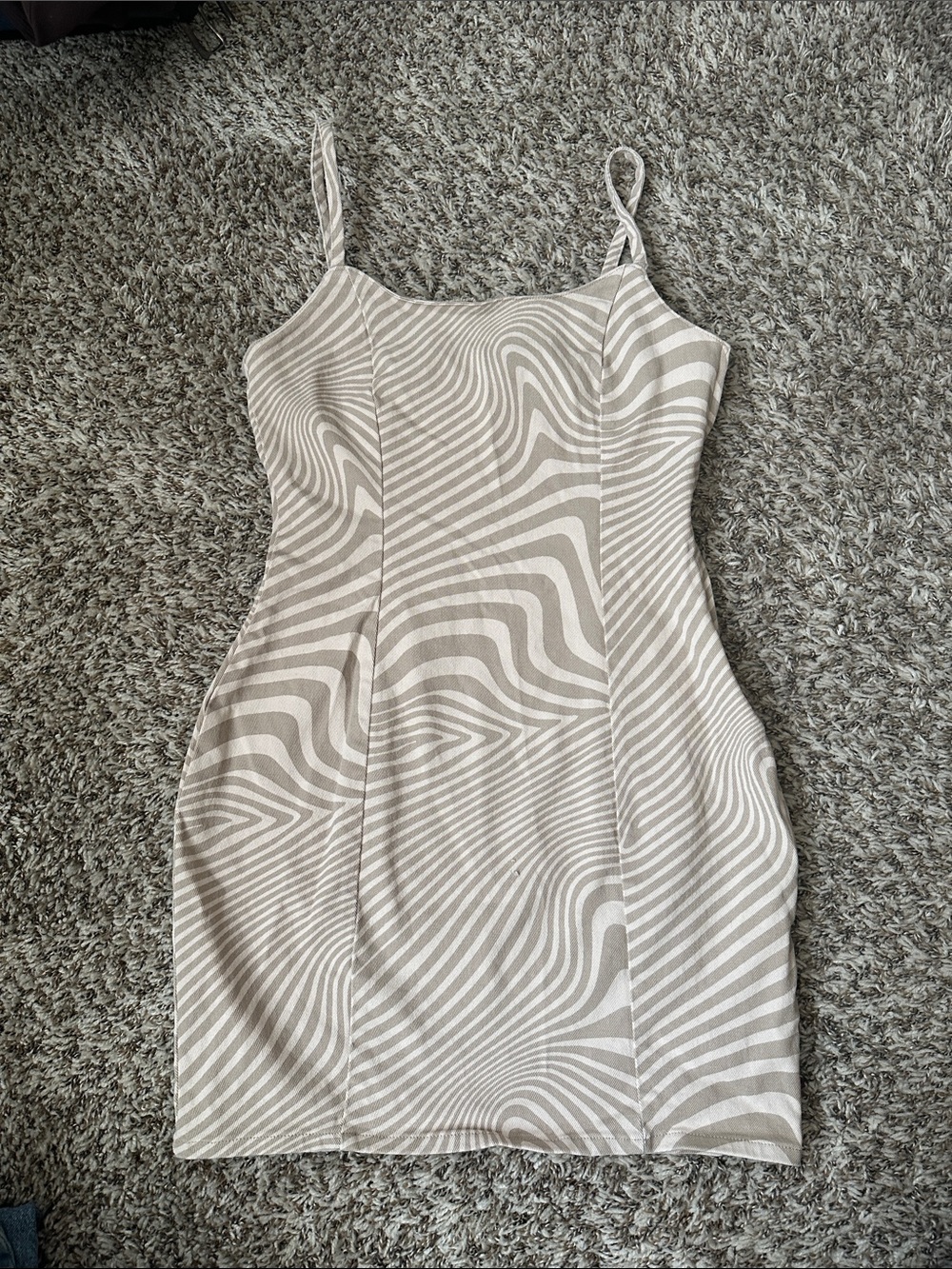 H&M Denim Khaki Swirly Psychedelic Mini Dress In Cream And Tan